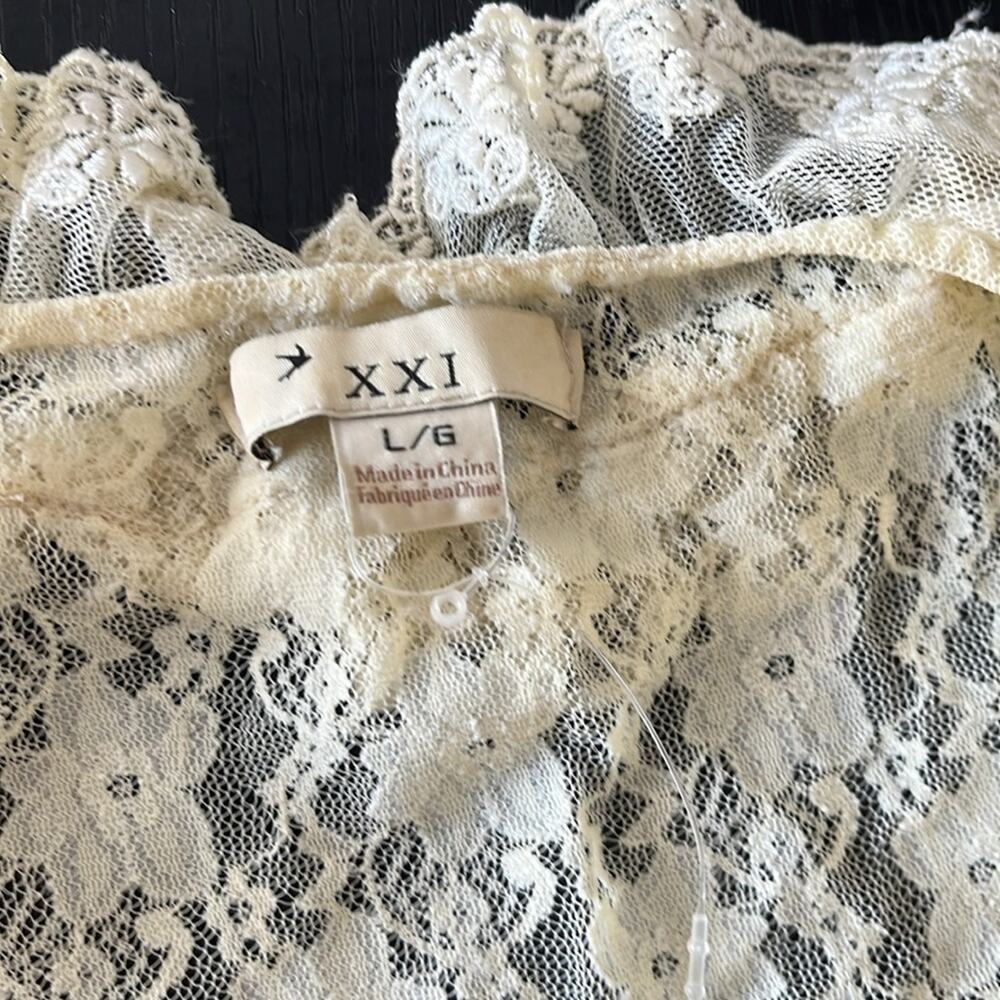 Forever 21 Cream Colored Lace Ruffle Front Sheer Blouse - Picture 6 of 10